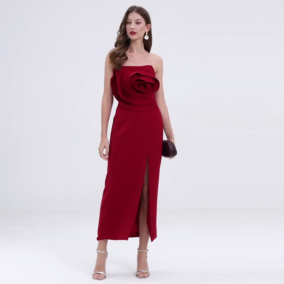 Strapless 3D Rose Maxi Dress – Red